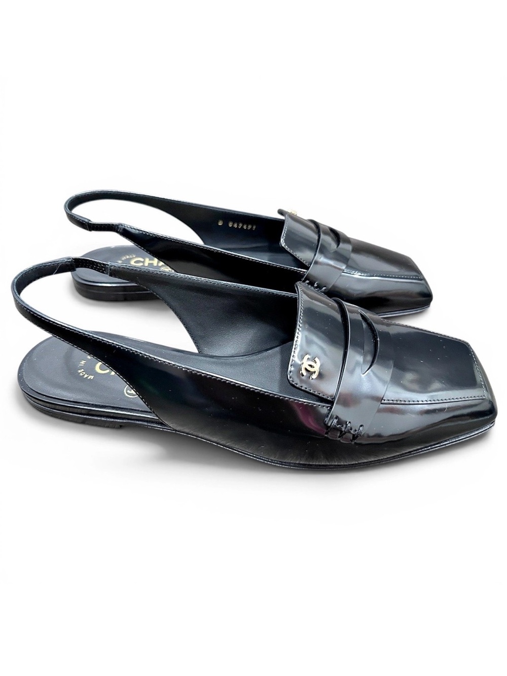 NEW 2026 CHANEL BLACK LEATHER SLINGBACK HALF LOAFER SHOES GOLD CC LOGO 37C BLAZY